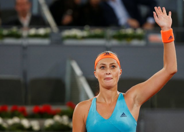 Tennis - WTA - Madrid Open - Women's Singles Semifinal - Svetlana Kuznetsova of Russia v Kristina Mladenovic of France - Madrid, Spain - 12/5/17 - Mladenovic reacts upon winning the match. REUTERS/Susana Vera