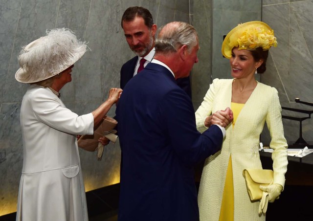 Britain's Prince Charles and Camilla, Duchess of Cornwall greet Spain's King Felipe and Queen Letizia at their hotel in London, Britain July 12, 2017. REUTERS/Hannah McKay