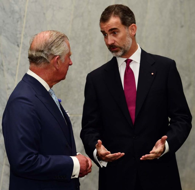 Britain's Prince Charles and Camilla, Duchess of Cornwall greet Spain's King Felipe and Queen Letizia at their hotel in London, Britain July 12, 2017. REUTERS/Hannah McKay