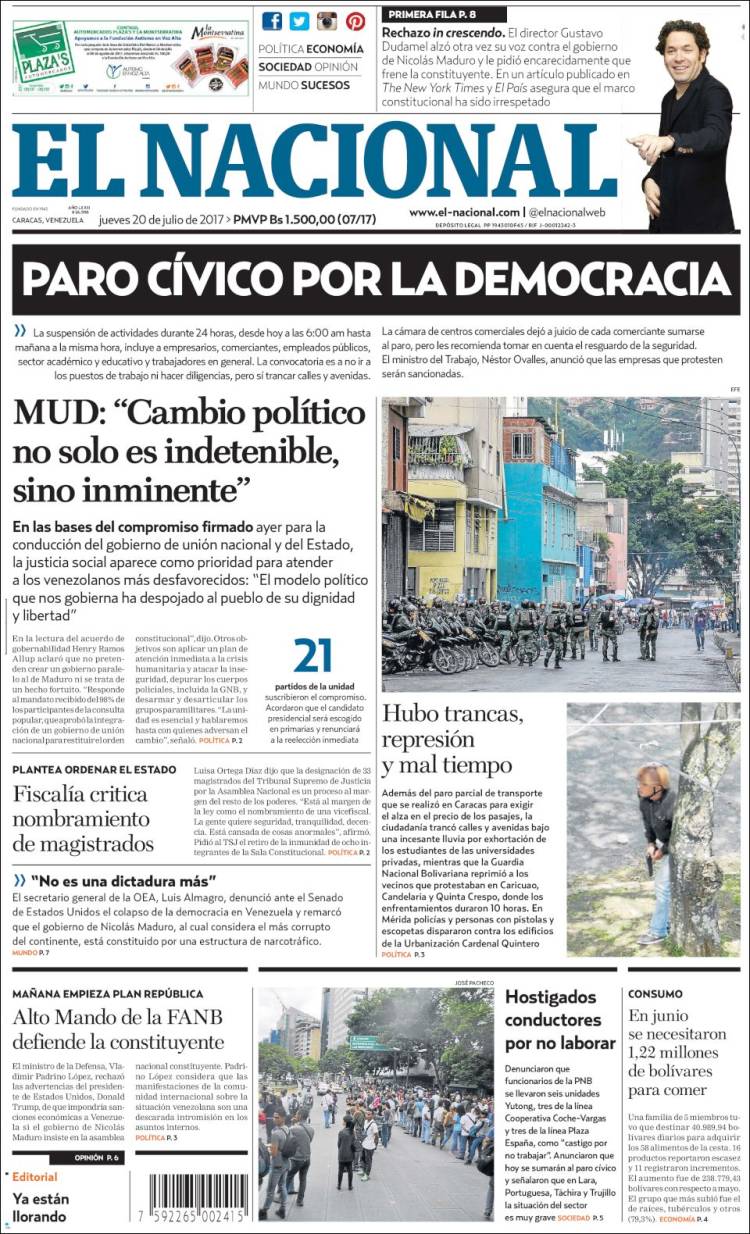 Portadas de este jueves 20 de julio de 2017