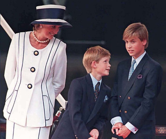 (FILES) This file photo taken on August 19, 1995 shows Britain's Diana, Princess of Wales (L), and her sons Prince Harry, (C) and Prince William, as they gather for the commemorations of VJ Day in London. Two decades on from the death of princess Diana, her sons Princes William and Harry are working to keep her legacy alive with unusually emotional tributes after years of official silence. William was 15 and Harry 12 when Diana died in a car crash in Paris on August 31, 1997. / AFP PHOTO / JOHNNY EGGITT