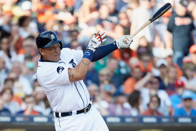 Jul 29, 2017; Detroit, MI, USA; Detroit Tigers first baseman Miguel Cabrera (24) hits a single in the second half against the Houston Astros at Comerica Park. Mandatory Credit: Rick Osentoski-USA TODAY Sports