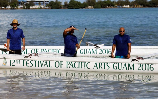 Guam's national rowing team practice on the waters off Tamuning City on the island of Guam, a U.S. Pacific Territory, August 12, 2017. REUTERS/Erik De Castro