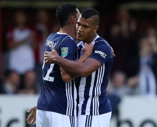 Soccer Football - Carabao Cup Second Round - Accrington Stanley vs West Bromwich  - Accrington, Britain - August 22, 2017   West Bromwich Albion's Salomon Rondon celebrates scoring their first goal with Nacer Chadli    Action Images via Reuters/John Clifton     EDITORIAL USE ONLY. No use with unauthorized audio, video, data, fixture lists, club/league logos or "live" services. Online in-match use limited to 45 images, no video emulation. No use in betting, games or single club/league/player publications. Please contact your account representative for further details.