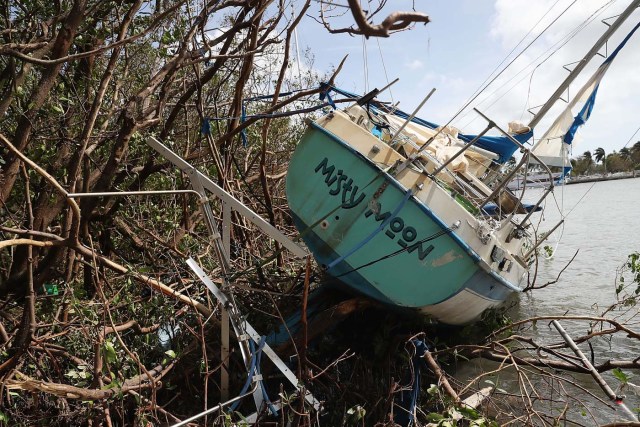 MIAMI, FL - SEPTEMBER 11: A boat is seen washed ashore at the Dinner Key marina after hurricane Irma passed through the area on September 11, 2017 in Miami, Florida. Florida took a direct hit from the Hurricane. Joe Raedle/Getty Images/AFP