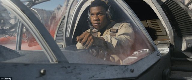 A pilot now_ Finn (played by John Boyega) has clearly recovered from his injury made by Kylo Ren (son of Han and Leia) in The Force Awakens as he_0012