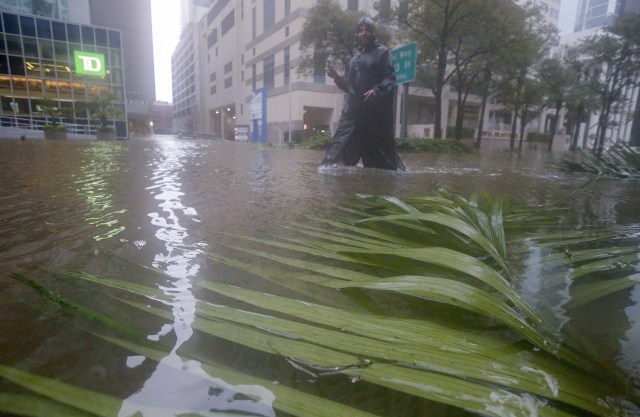 ELX25. Miami (United States), 10/09/2017.- Peter Moodley documents the storm surge flood waters along Brickell Avenue after the full effects of Hurricane Irma struck in Miami, Florida, USA, 10 September 2017. Many areas are under mandatory evacuation orders as Irma Florida. (Estados Unidos) EFE/EPA/ERIK S. LESSER