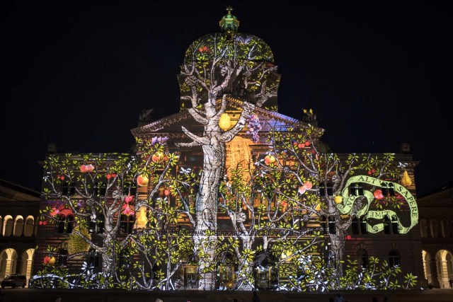 BER01. BERNA (SUIZA), 12/10/2017.- El espectáculo de luces 'Rendez-vous Bundesplatz' proyecta nuevas imágenes en la fachada de la casa parlamentaria federal suiza en Berna, Suiza, hoy, jueves 12 de octubre de 2017. Bajo el lema 'RESET', el espectáculo de luces se celebrará todas las noches en la plaza federal hasta el 25 de octubre. EFE/ANTHONY ANEX