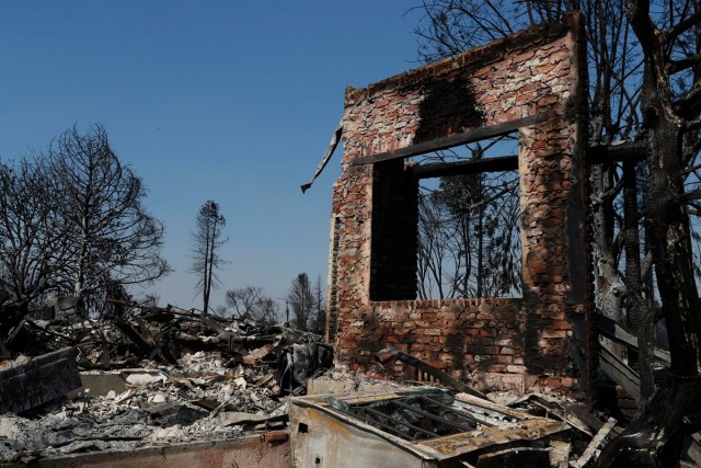 JGM03. SANTA ROSA (EE.UU.), 12/10/2017.- Vista de una casa por los incendios hoy, jueves 12 de octubre de 2017, en Santa Rosa, California (EE.UU.). Múltiples incendios forestales dispersos por los condados de Napa, Sonoma y Mendocino, dejan al menos 29 personas muertas y hogares y negocios destruidos. EPA/JOHN G. MABANGLO