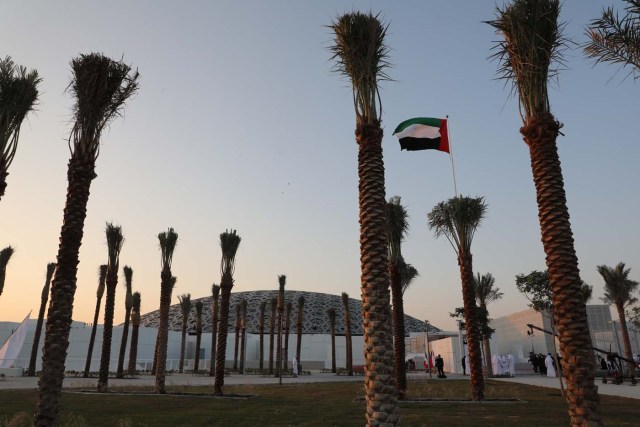 A view of the exterior of the Louvre Abu Dhabi museum on November 8, 2017. More than a decade in the making, the Louvre Abu Dhabi opens its doors today, bringing the famed name to the Arab world for the first time. / AFP PHOTO / ludovic MARIN