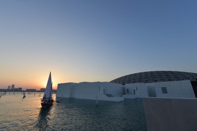 A general view shows part of the Louvre Abu Dhabi Museum designed by French architect Jean Nouvel on November 8, 2017 prior to the inauguration of the museum on Saadiyat island in the Emirati capital. More than a decade in the making, the Louvre Abu Dhabi is opening its doors bringing the famed name to the Arab world for the first time. / AFP PHOTO / Giuseppe CACACE