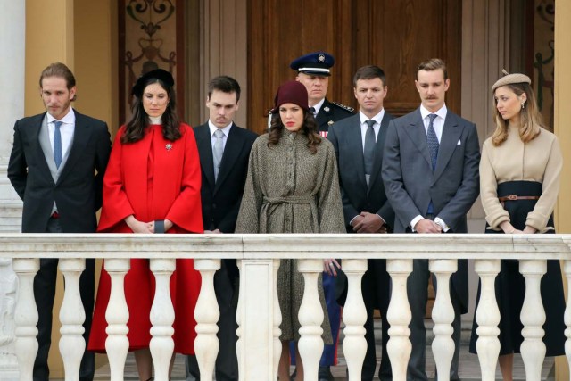 Andrea Casiraghi, Tatiana Santo Domingo, Louis Ducruet, Charlotte Casiraghi, Gareth Wittstock, Pierre Casiraghi and Beatrice Borromeo attend the celebrations marking Monaco's National Day at the Monaco Palace, in Monaco, November 19, 2017. REUTERS/Valery Hache/Pool