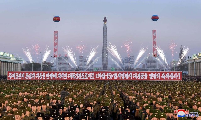 A view of celebrations at Kim Il-sung Square on December 1, in this photo released by North Korea's Korean Central News Agency (KCNA) in Pyongyang December 2, 2017. REUTERS/KCNA REUTERS/KCNA ATTENTION EDITORS - THIS IMAGE WAS PROVIDED BY A THIRD PARTY. REUTERS IS UNABLE TO INDEPENDENTLY VERIFY THIS IMAGE. SOUTH KOREA OUT. NO THIRD PARTY SALES. NOT FOR USE BY REUTERS THIRD PARTY DISTRIBUTORS