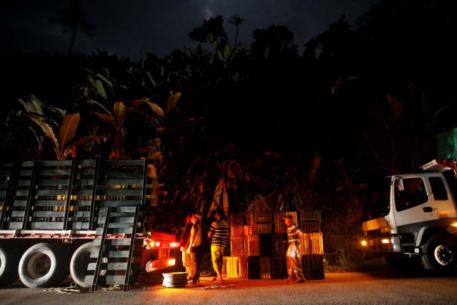 Humberto Aguilar (2nd R) watches as workers load plastic baskets filled with plantain into a truck during a stop on the road to pick up merchandise near Seboruco, Venezuela January 29, 2018. REUTERS/Carlos Garcia Rawlins SEARCH "LAWLESS ROADS" FOR THIS STORY. SEARCH "WIDER IMAGE" FOR ALL STORIES.?