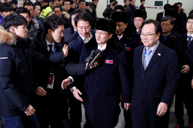 A North Korean delegation of 32 people, including 10 athletes of North Korean Olympic team, arrives at Yangyang international airport in Gangwon province, South Korea, February 1, 2018. REUTERS/Jeon Heon-Kyun/Pool