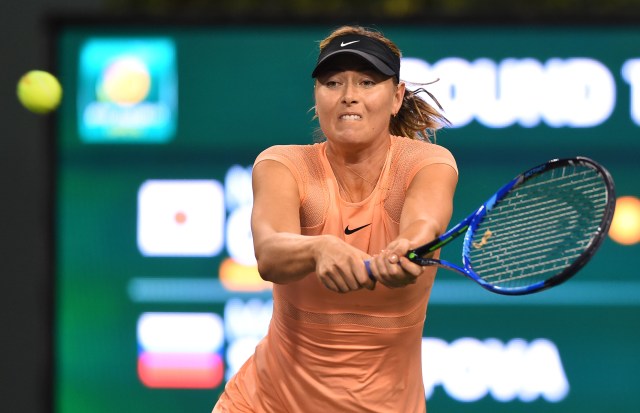 Mar 7, 2018; Indian Wells, CA,  Maria Sharapova (RUS) in her first round match against Naomi Osaka (not pictured) at the BNP Paribas Open at the Indian Wells Tennis Garden. Stosur won the match. Mandatory Credit: Jayne Kamin-Oncea-USA TODAY Sports