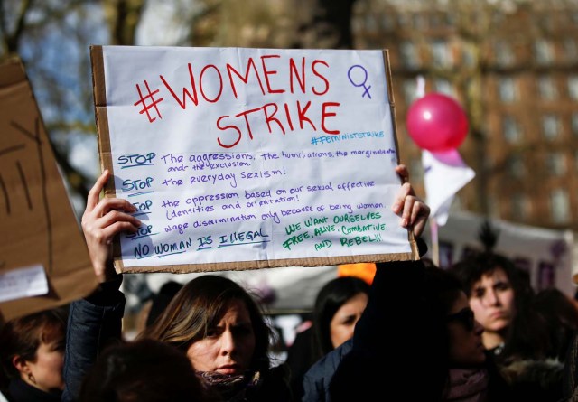 People attend a pro-women rights rally in central London, Britain. March 8, 2018. REUTERS/Henry Nicholls NO RESALES. NO ARCHIVES.