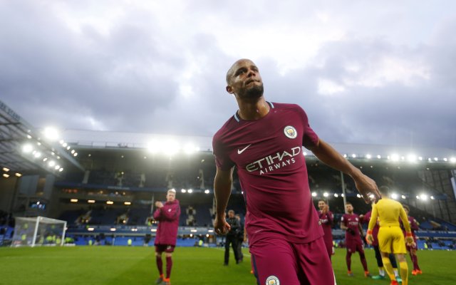 Soccer Football - Premier League - Everton vs Manchester City - Goodison Park, Liverpool, Britain - March 31, 2018   Manchester City's Vincent Kompany celebrates after the match    Action Images via Reuters/Carl Recine    EDITORIAL USE ONLY. No use with unauthorized audio, video, data, fixture lists, club/league logos or "live" services. Online in-match use limited to 75 images, no video emulation. No use in betting, games or single club/league/player publications.  Please contact your account representative for further details.