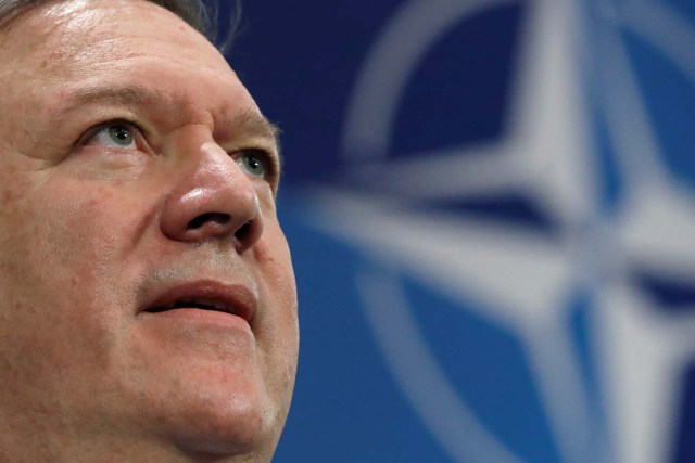 U.S. Secretary of State Mike Pompeo looks on as he attends a news conference after a NATO foreign ministers meeting at the Alliance’s headquarters, in Brussels, Belgium April 27, 2018. REUTERS/Yves Herman