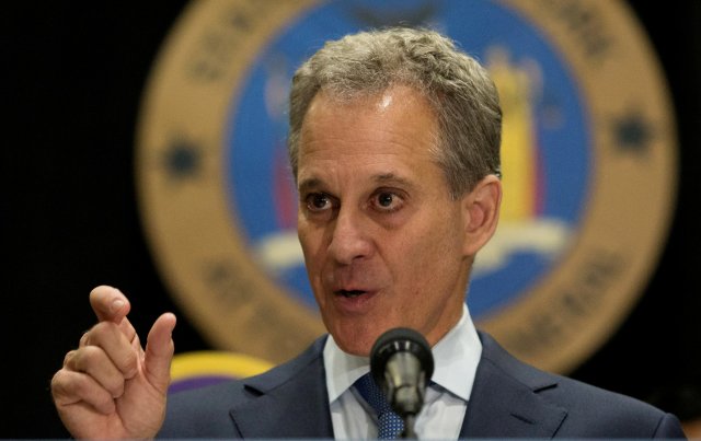 FILE PHOTO: New York Attorney General Eric Schneiderman speaks during a news conference to discuss the civil rights lawsuit filed against The Weinstein Companies and Harvey Weinstein in New York, U.S., February 12, 2018. REUTERS/Brendan McDermid/File Photo