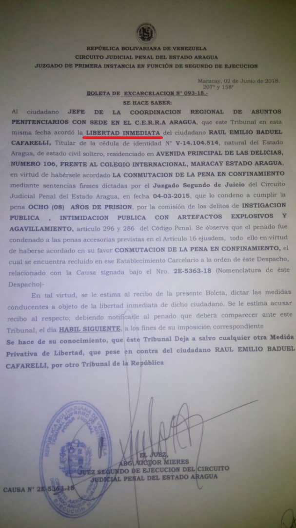 Boleta de excarcelación de Raúl Emilio