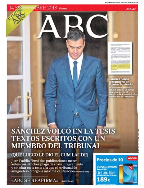 Portadas de la prensa internacional de este viernes 14 de septiembre de 2018