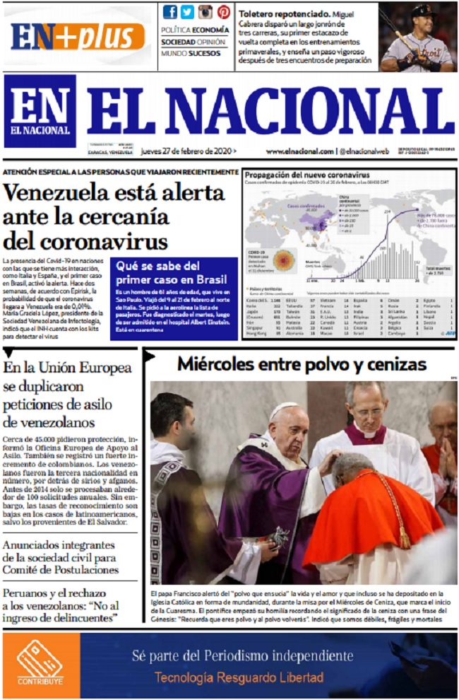 Portadas de este jueves 27 de febrero de 2020