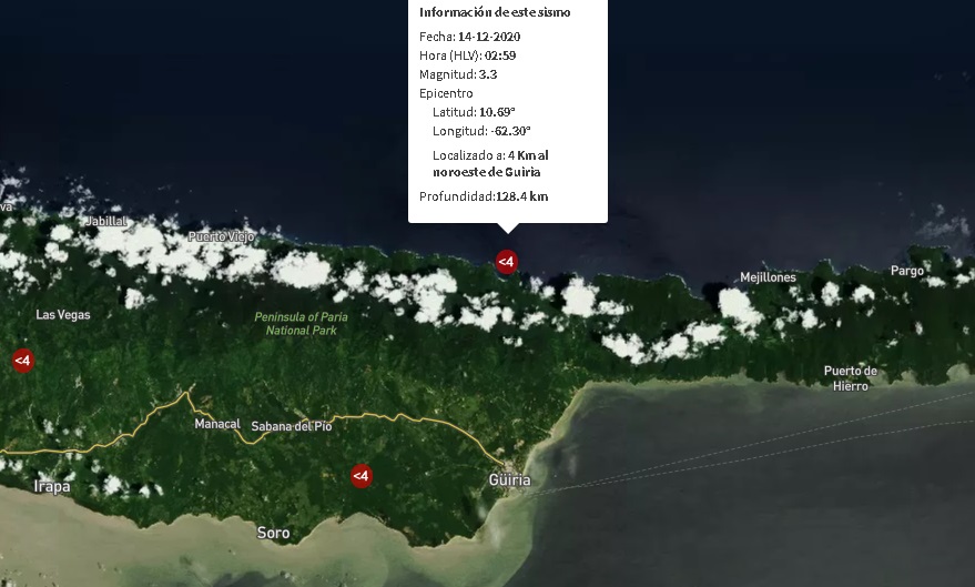 Se registró sismo de magnitud 3.3 al noroeste de Güiria #14Dic