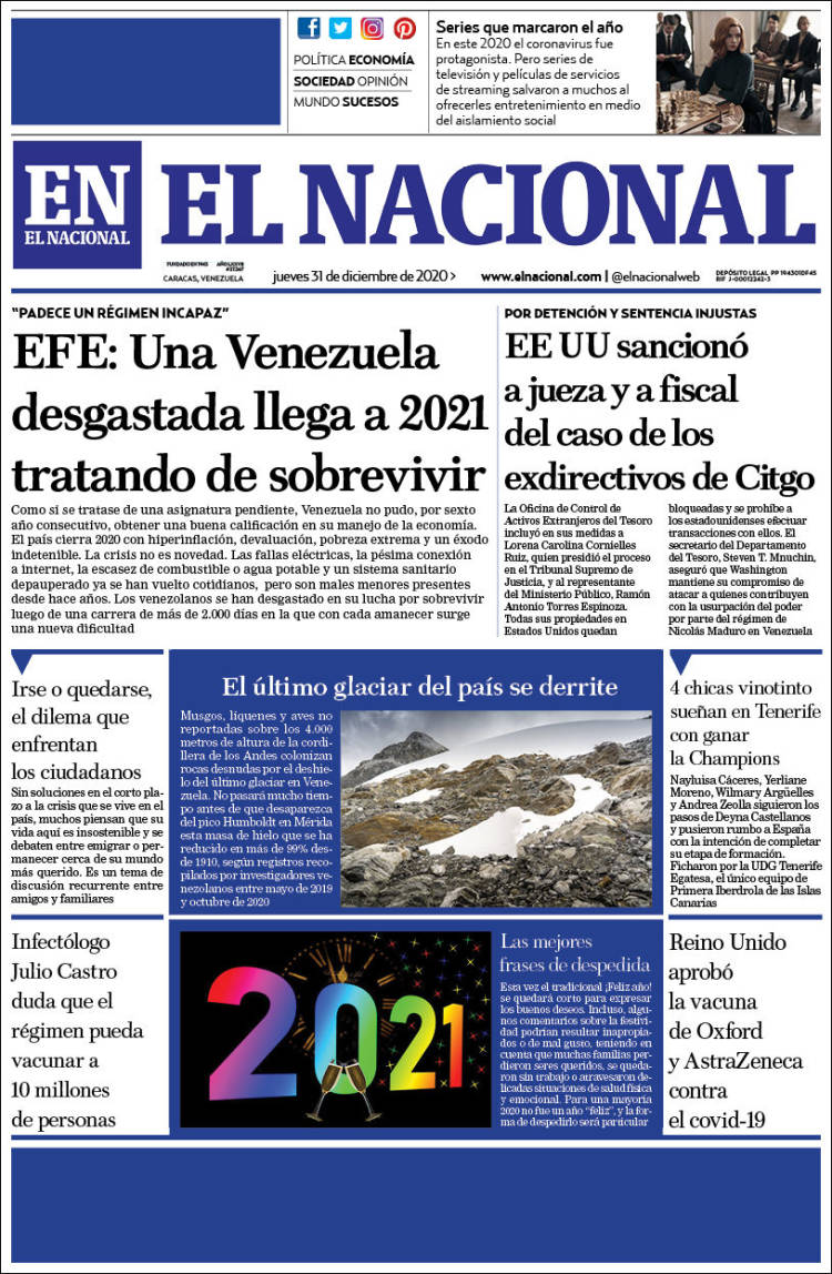 Portadas de este jueves 31 de diciembre de 2020