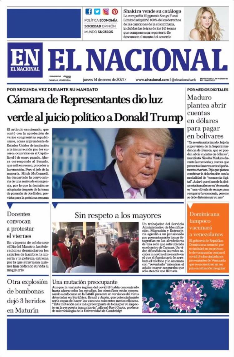 Portada de este jueves 14 de enero de 2021