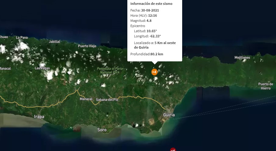 Funvisis reporta sismo de 4.8 al oeste de Güiria este #30Ago