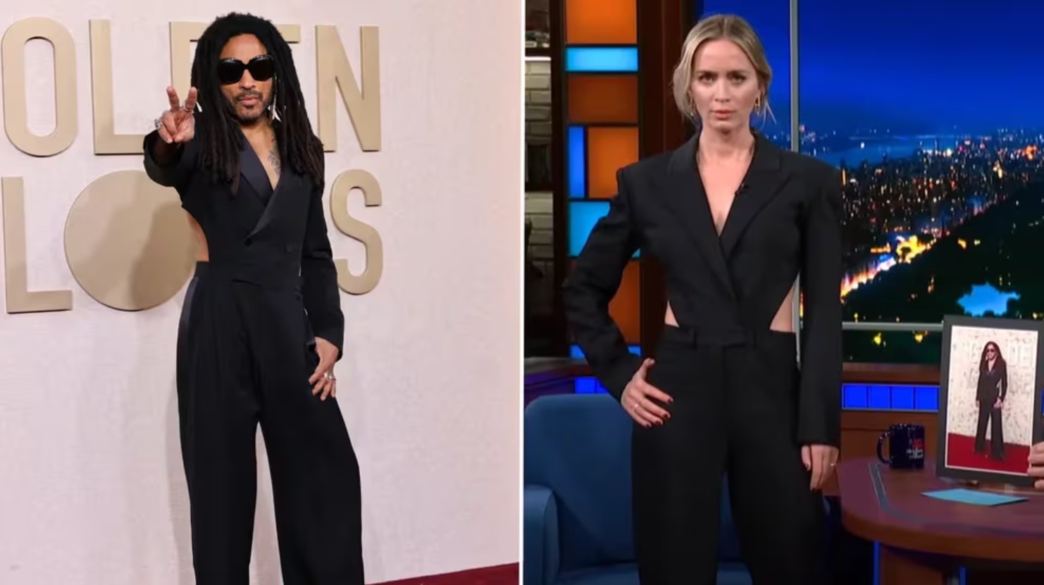 Emily Blunt lució el mismo traje que Lenny Kravitz en una divertida coincidencia