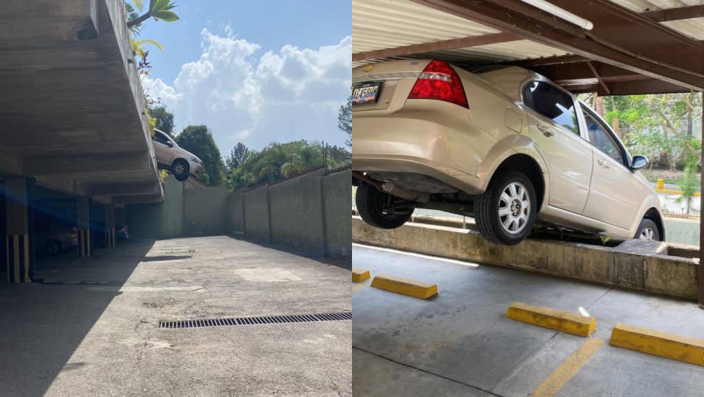 Carro quedó colgando, a punto de caer al vacío en estacionamiento de El Hatillo (FOTOS)