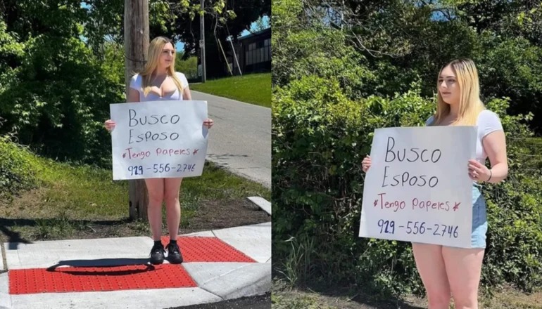 ¡Se busca marido! Joven sale a las calles de EEUU para encontrar esposo con un cartel