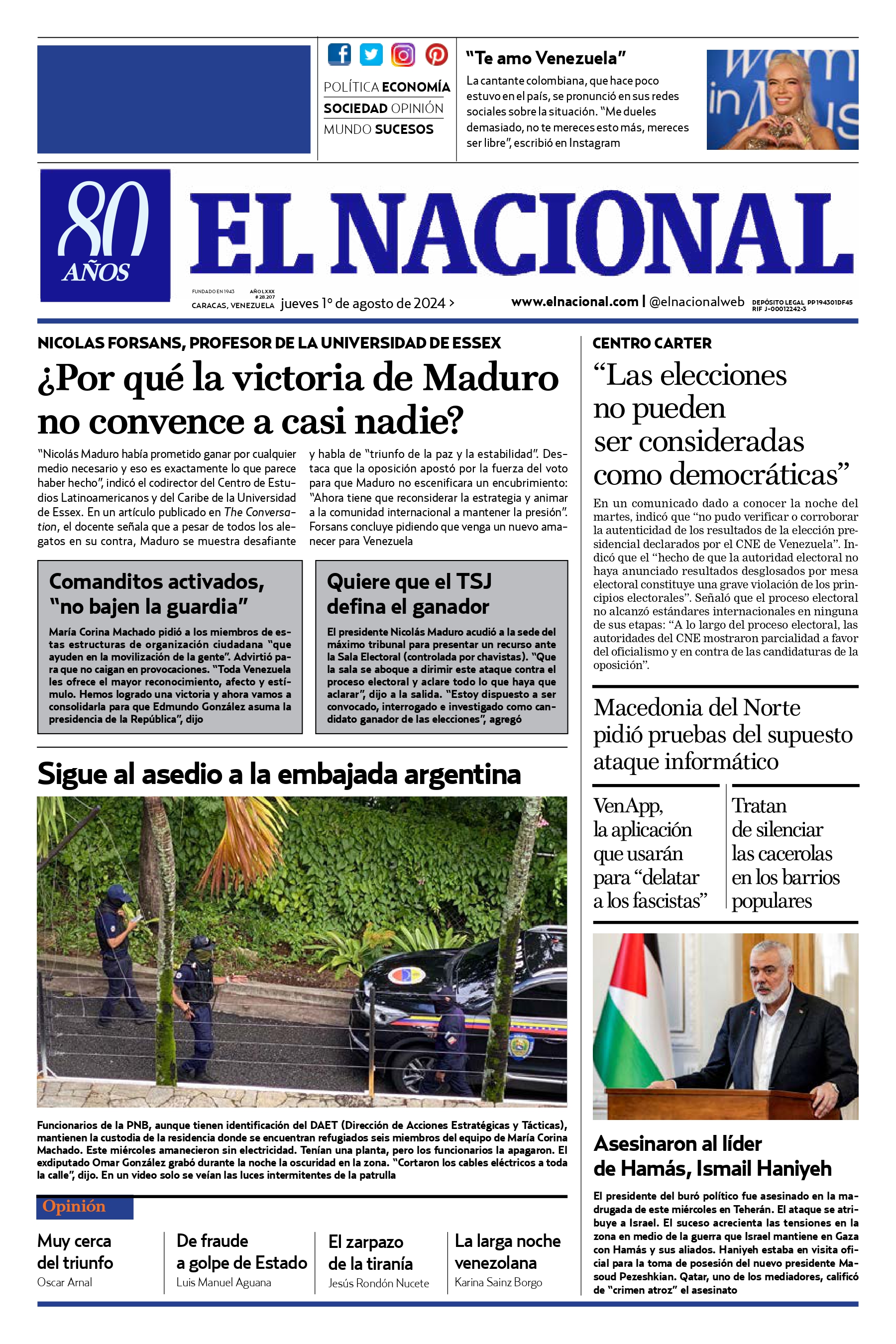 Portadas de este jueves 1 de agosto de 2024