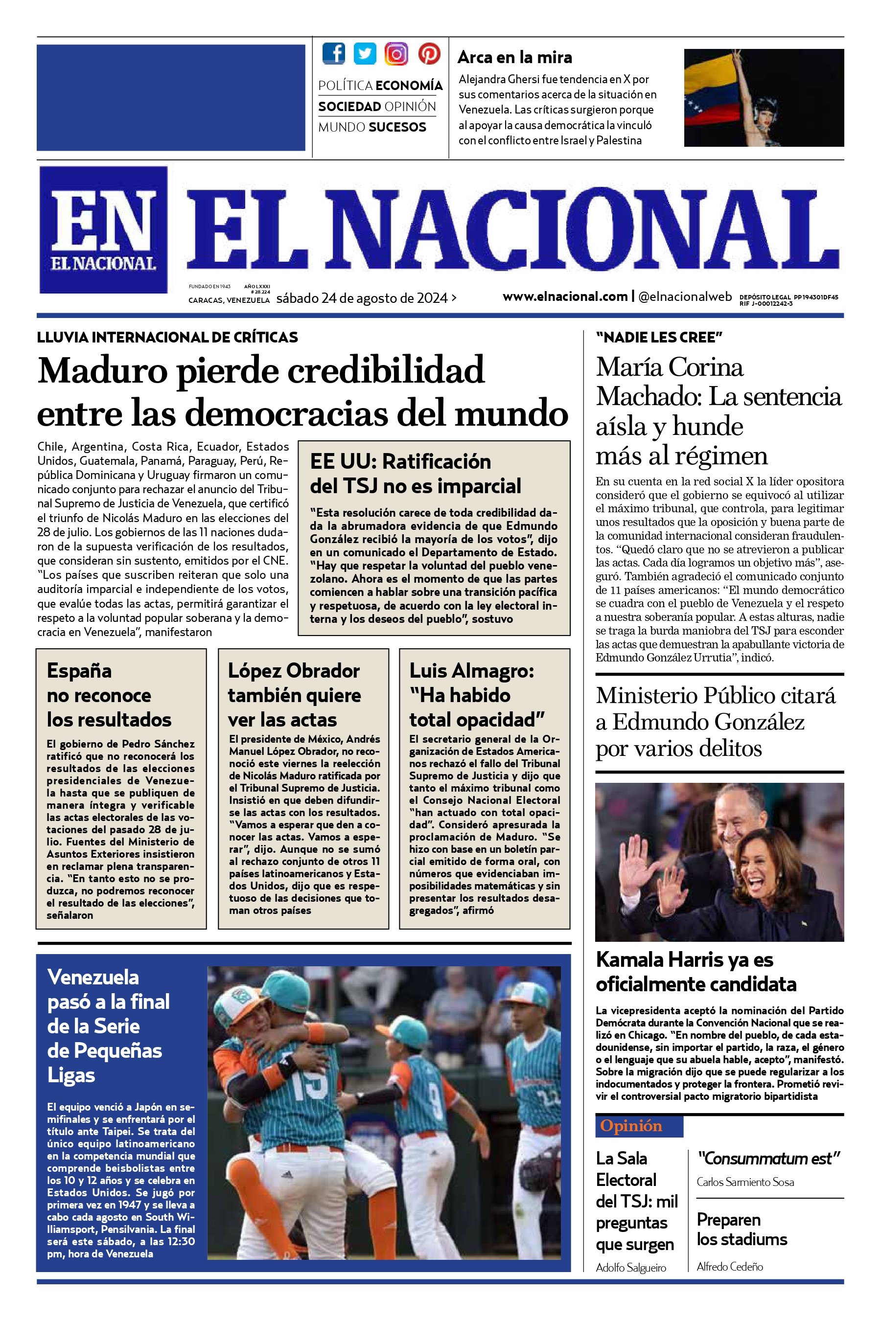 Portadas de este sábado 24 de agosto de 2024