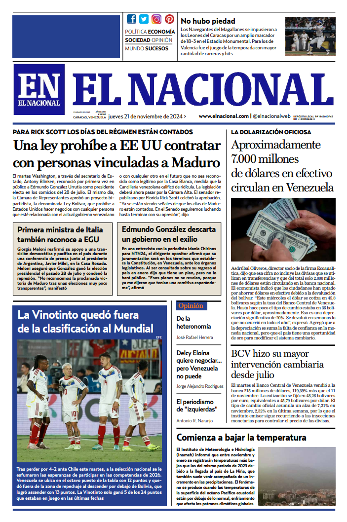 Portadas de este jueves 21 de noviembre de 2024